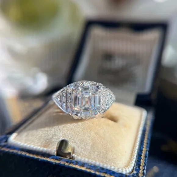 Antique Platinum Emerald Cut Diamond 2.91 ctw Engagement Ring IGI Certified - Picture 6 of 17